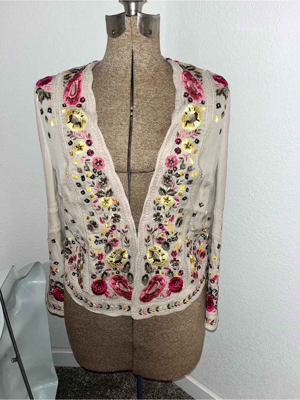 Haute Hippie Floral Embroidered Silk Lined Cardigan XS Euc